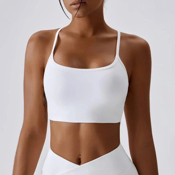 Women Strappy Backless Sports White Bra Fitness Criss Cross  Back Yoga Bra - Picture 2 of 8